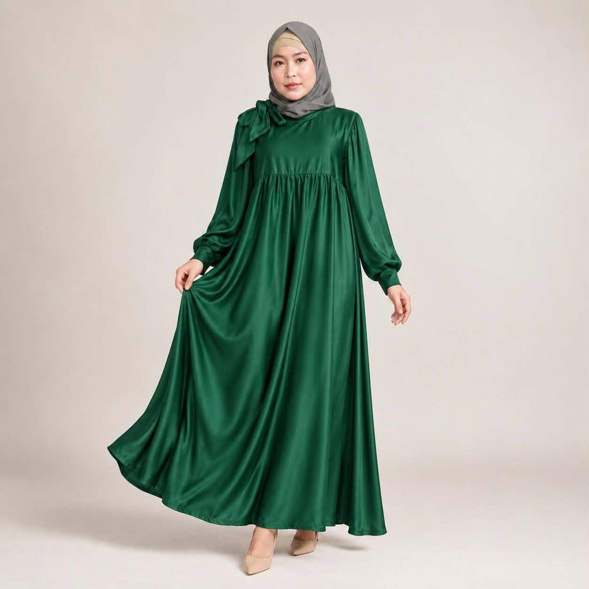Burqana Haala Muslim Dress for Women Large | Quiana Modest Long Dress with Shirred Shoulder Ribbon