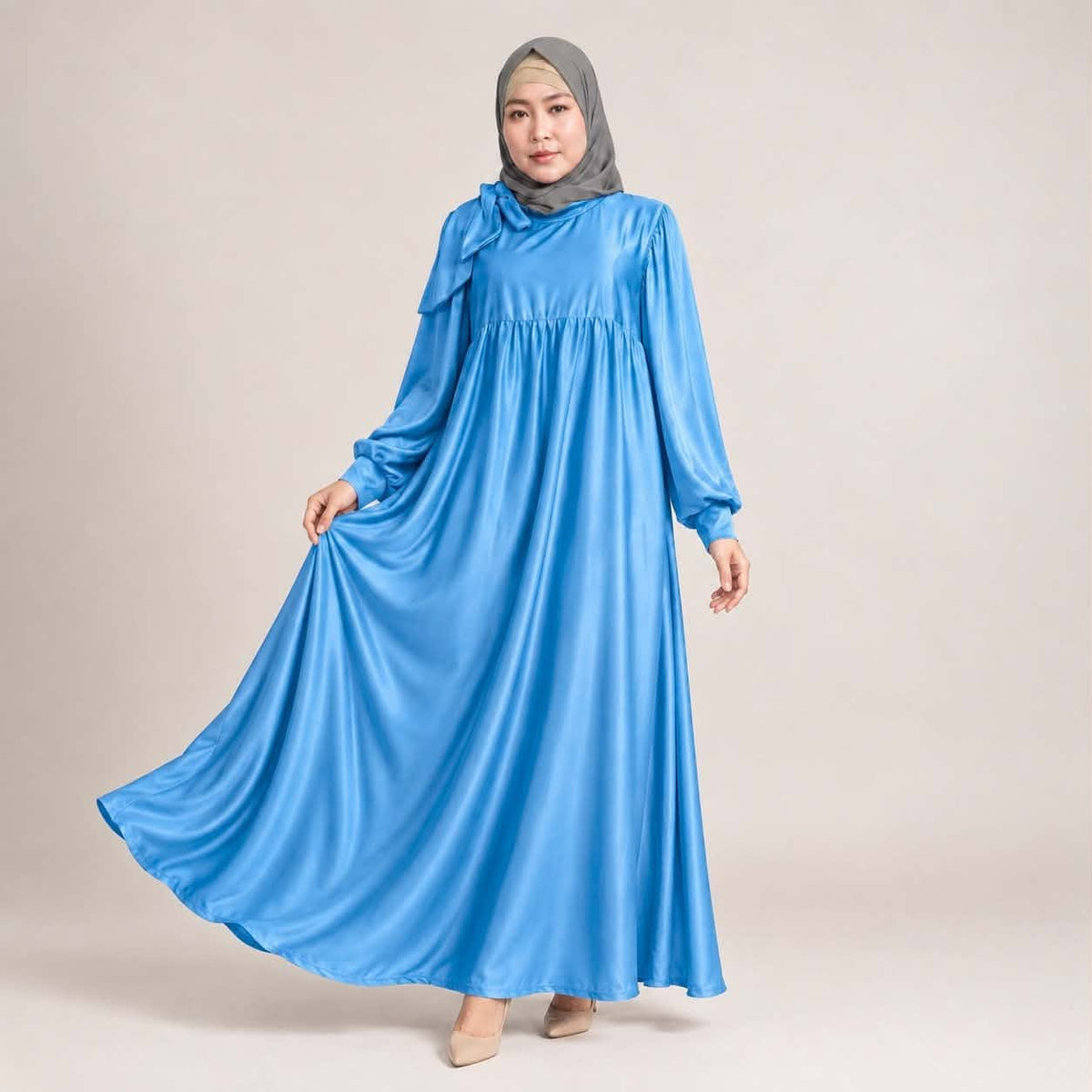 Burqana Haala Muslim Dress for Women Large | Quiana Modest Long Dress with Shirred Shoulder Ribbon