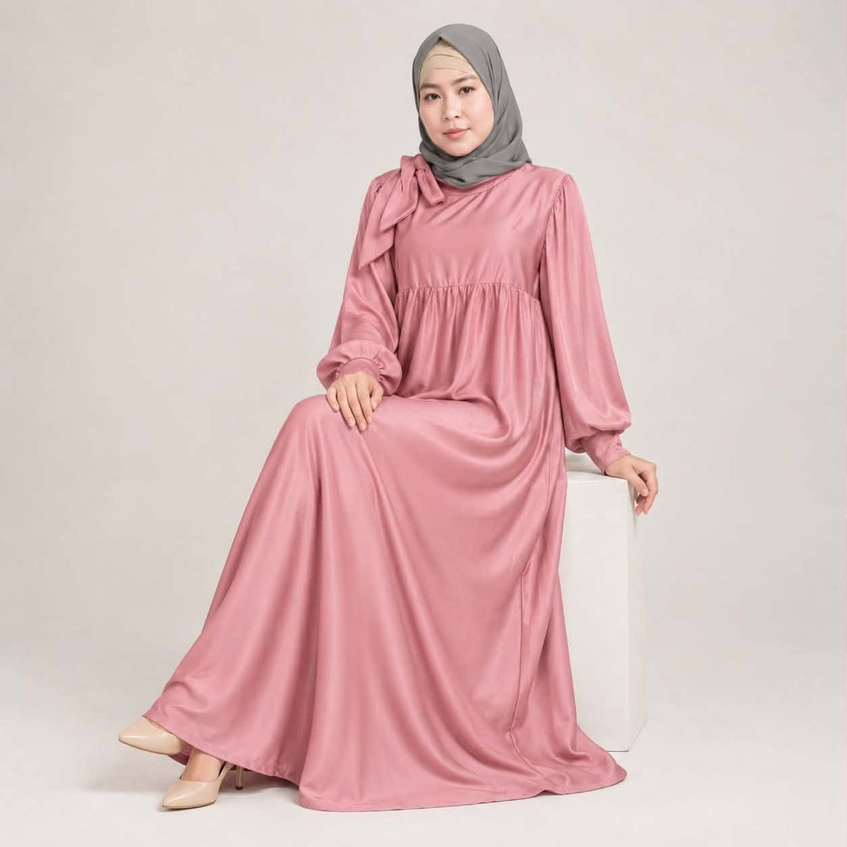 Burqana Haala Muslim Dress for Women Large | Quiana Modest Long Dress with Shirred Shoulder Ribbon