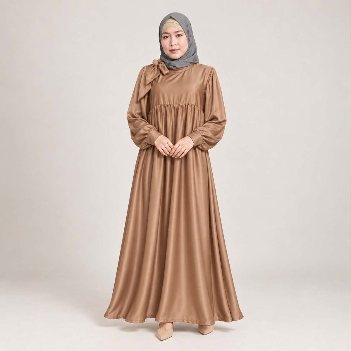 Burqana Haala Muslim Dress for Women Large | Quiana Modest Long Dress with Shirred Shoulder Ribbon