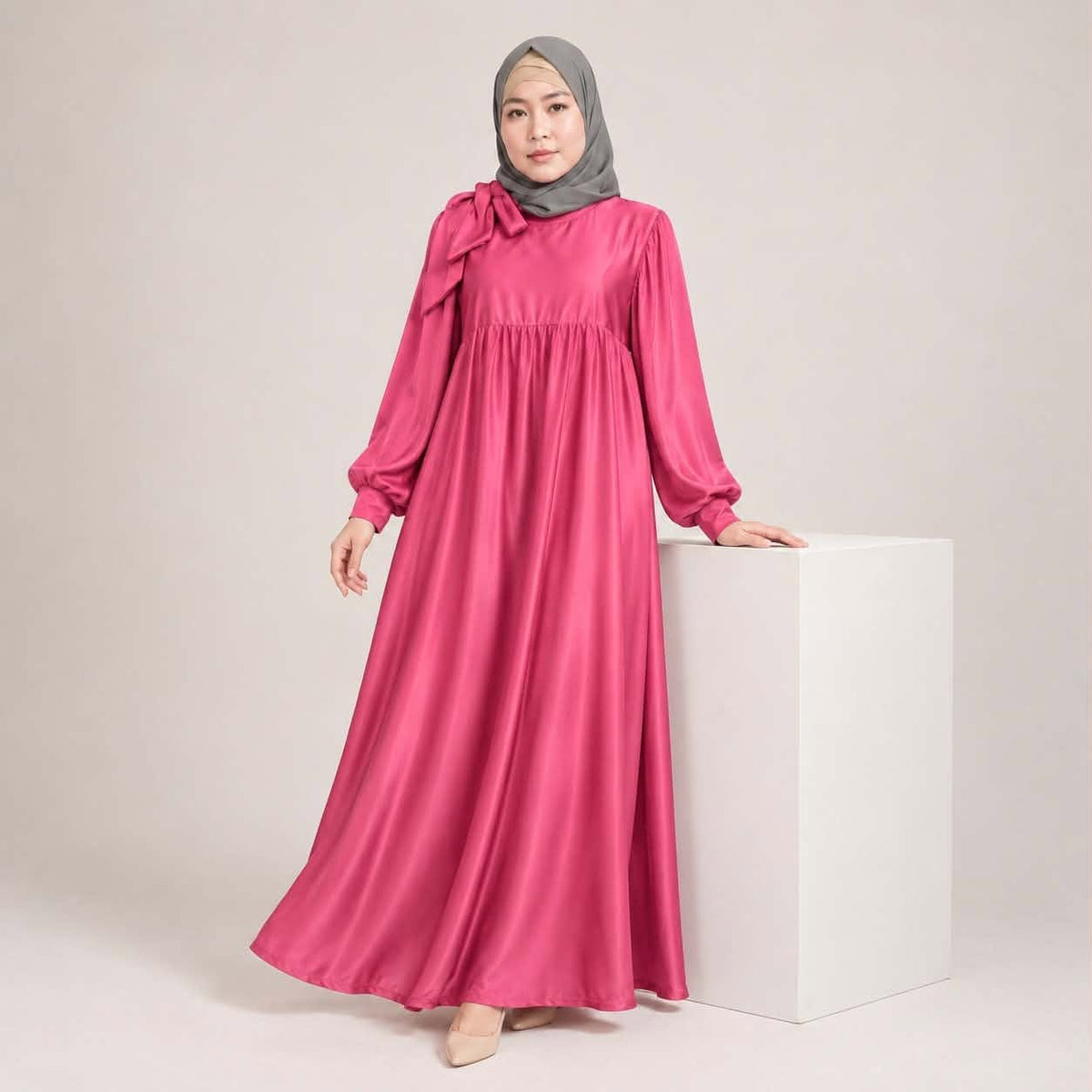 Burqana Haala Muslim Dress for Women Large | Quiana Modest Long Dress with Shirred Shoulder Ribbon