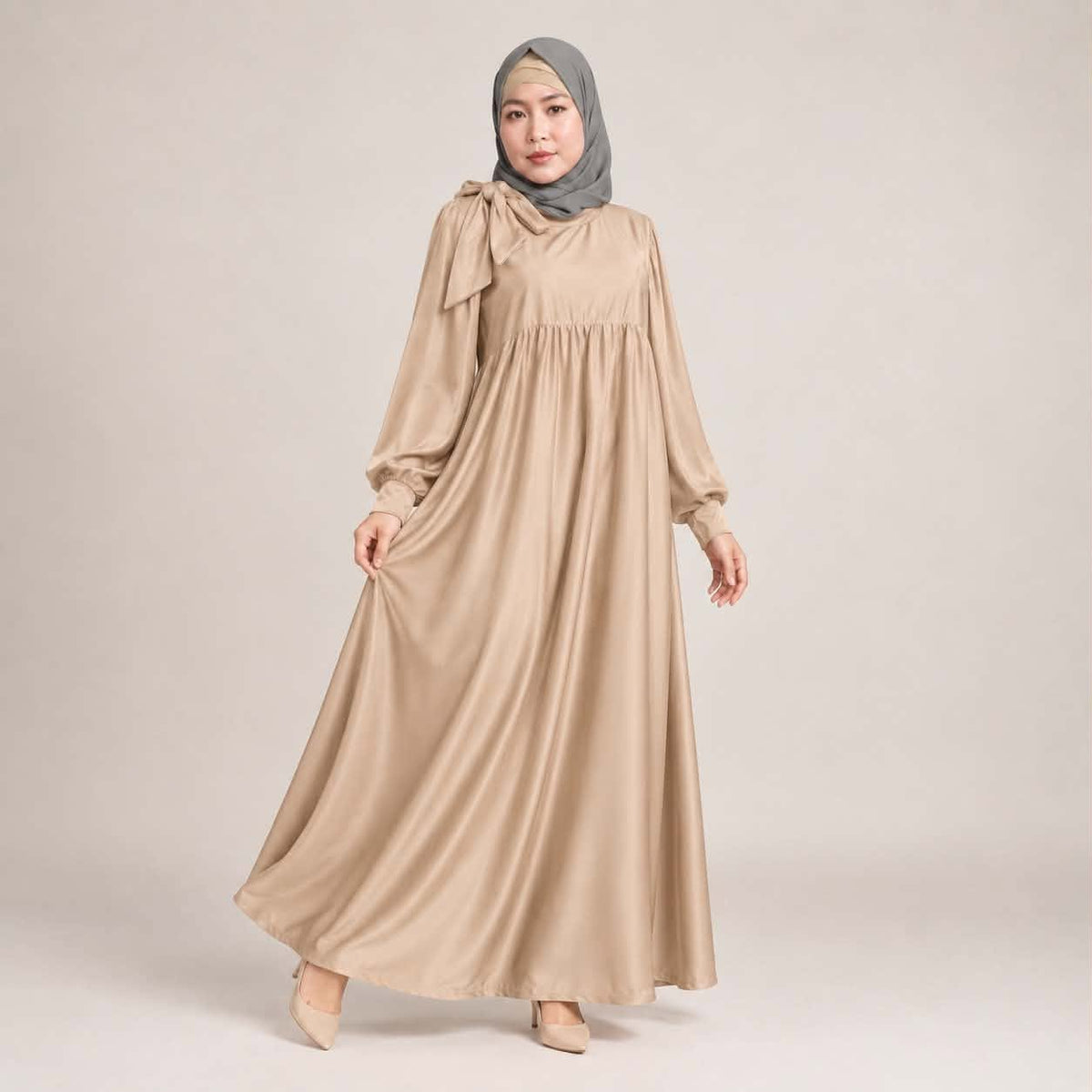 Burqana Haala Muslim Dress for Women Large | Quiana Modest Long Dress with Shirred Shoulder Ribbon