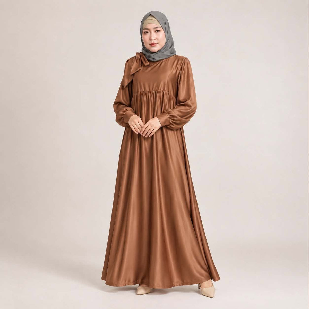 Burqana Haala Muslim Dress for Women Large | Quiana Modest Long Dress with Shirred Shoulder Ribbon