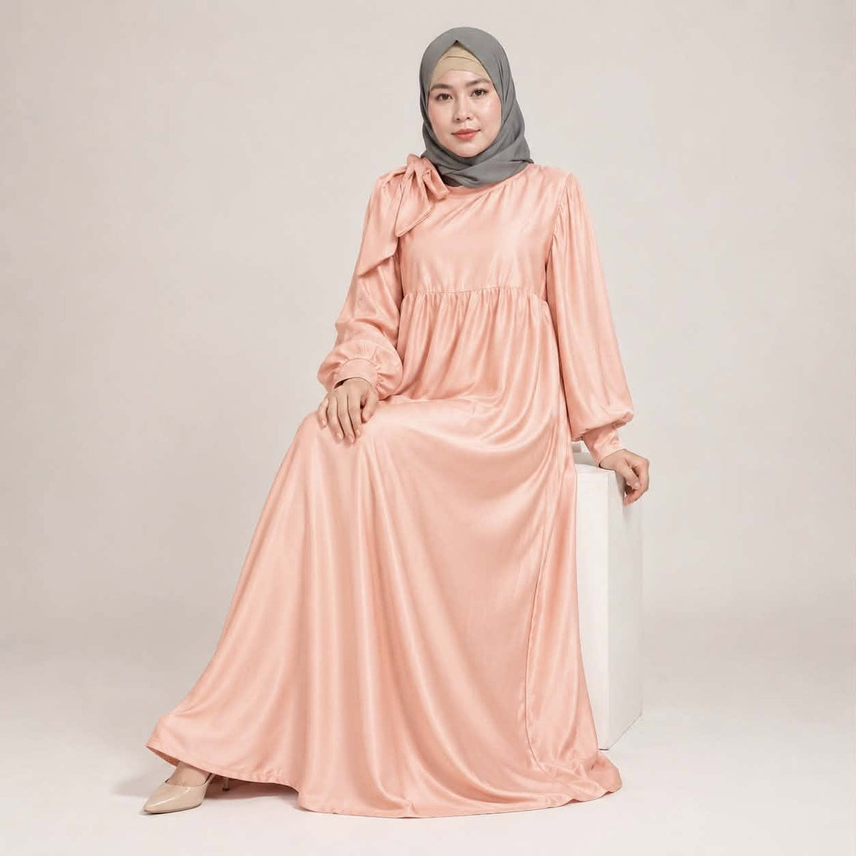 Burqana Haala Muslim Dress for Women Large | Quiana Modest Long Dress with Shirred Shoulder Ribbon