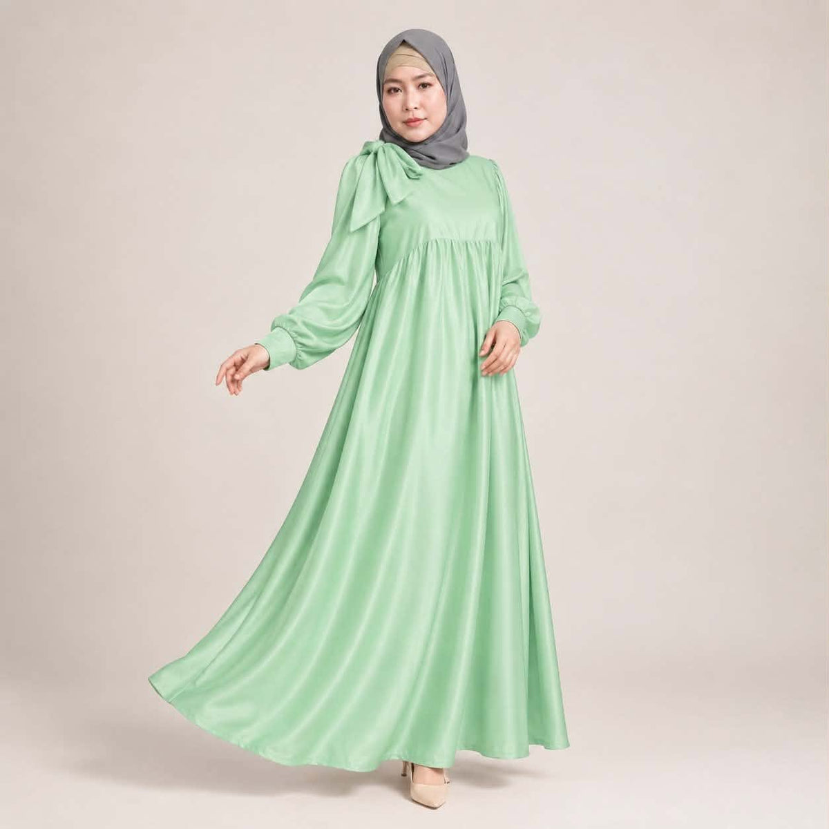 Burqana Haala Muslim Dress for Women Large | Quiana Modest Long Dress with Shirred Shoulder Ribbon