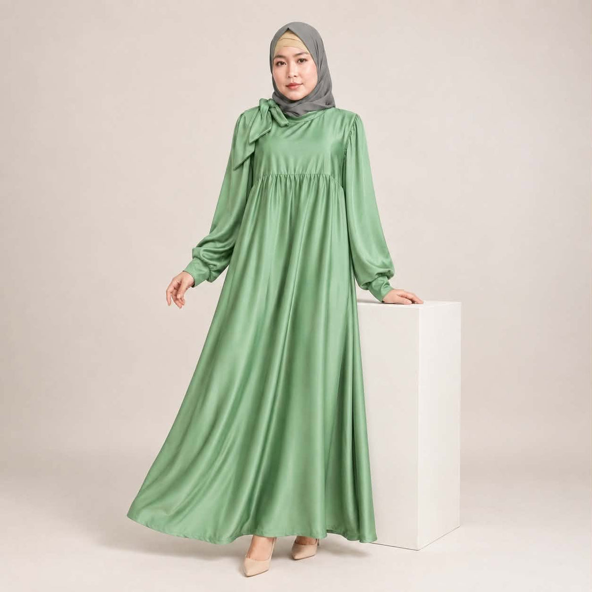 Burqana Haala Muslim Dress for Women Large | Quiana Modest Long Dress with Shirred Shoulder Ribbon