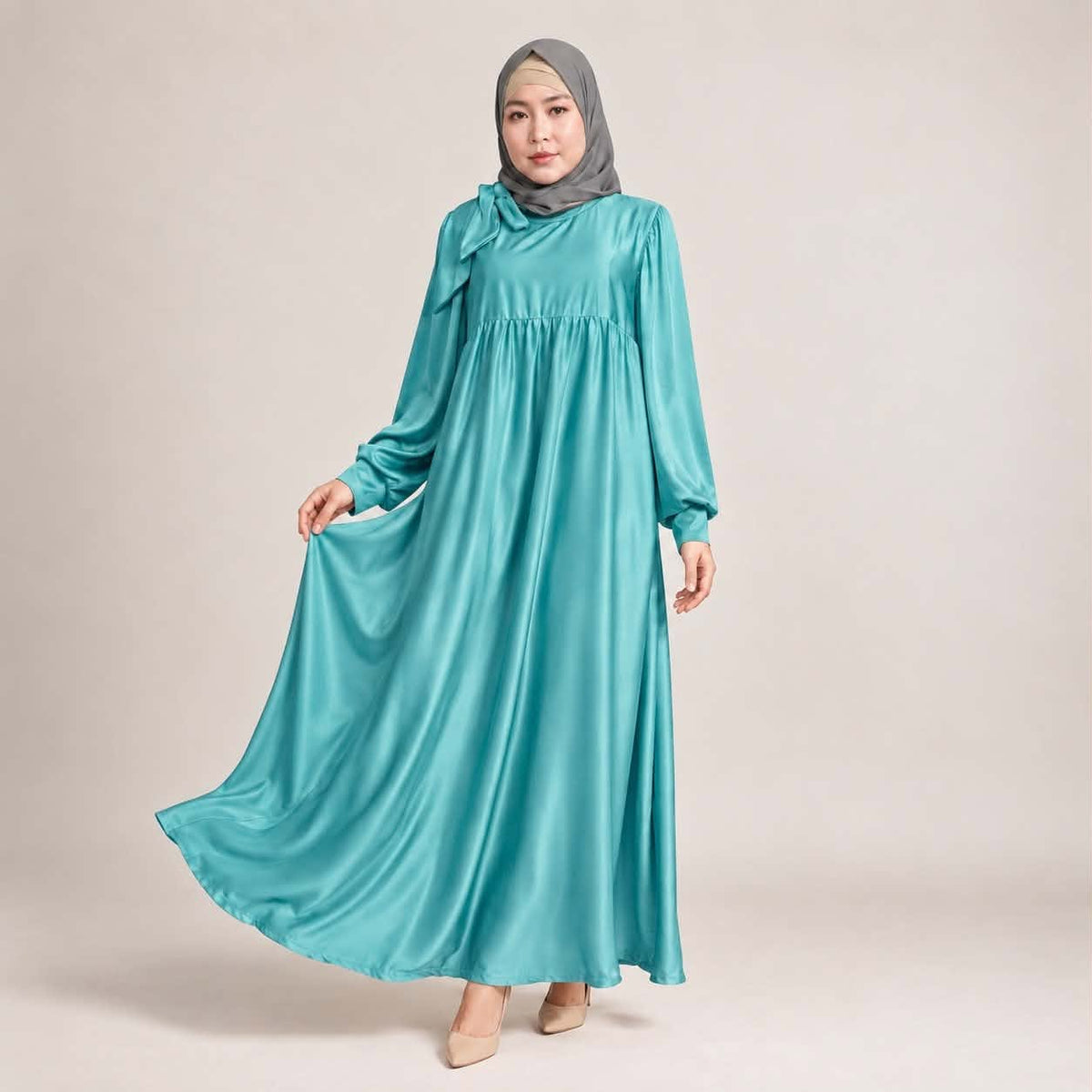 Burqana Haala Muslim Dress for Women Large | Quiana Modest Long Dress with Shirred Shoulder Ribbon