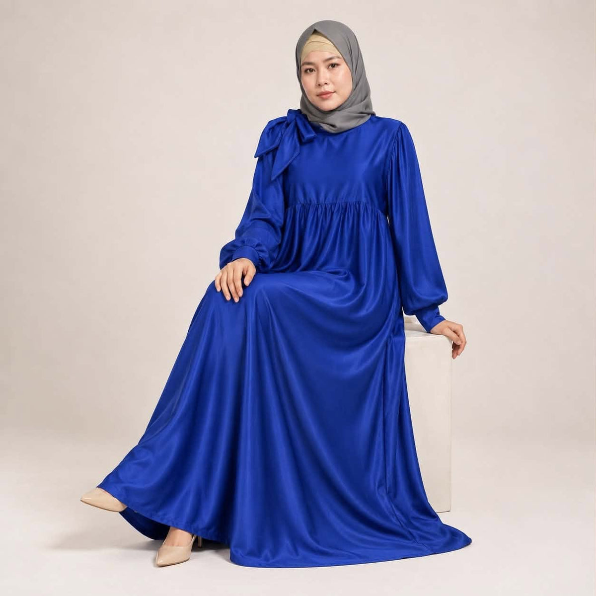 Burqana Haala Muslim Dress for Women Large | Quiana Modest Long Dress with Shirred Shoulder Ribbon